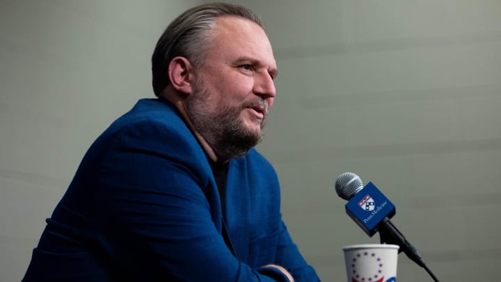 Dec 15, 2023; Philadelphia, Pennsylvania, USA; Philadelphia 76ers resident of Basketball Operations Daryl Morey speaks with the media before a game against the Detroit Pistons at Wells Fargo Center. Mandatory Credit: Bill Streicher-USA TODAY Sports