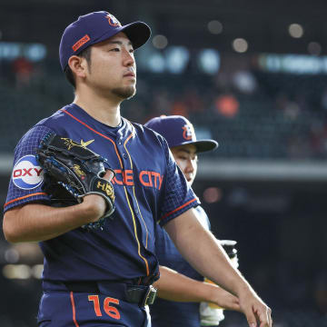 Aug 19, 2024; Houston, Texas, USA; Houston Astros starting pitcher Yusei Kikuchi (16) walks on the field before the game against the Boston Red Sox at Minute Maid Park.