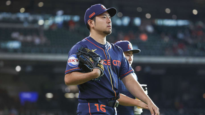 Aug 19, 2024; Houston, Texas, USA; Houston Astros starting pitcher Yusei Kikuchi (16) walks on the field before the game against the Boston Red Sox at Minute Maid Park.