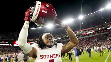 Oklahoma defensive back Jaydan Hardy celebrates after the Sooners beat Alabama 23-21 at Bryant-Denny Stadium.