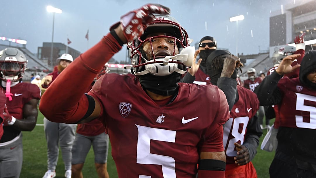 Oct 25, 2025; Pullman, Washington, USA; Washington State Cougars defensive back Jamorri Colson (5) celebrates after a game against the Toledo Rockets at Gesa Field at Martin Stadium. Washington State Cougars won 28-7. Mandatory Credit: James Snook-Imagn Images