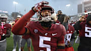 Oct 25, 2025; Pullman, Washington, USA; Washington State Cougars defensive back Jamorri Colson (5) celebrates after a game against the Toledo Rockets at Gesa Field at Martin Stadium. Washington State Cougars won 28-7. Mandatory Credit: James Snook-Imagn Images