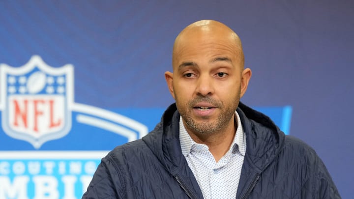 Feb 24, 2026; Indianapolis, IN, USA; Atlanta Falcons general manager Ian Cunningham speaks at the NFL Scouting Combine at the Indiana Convention Center. Mandatory Credit: Kirby Lee-Imagn Images