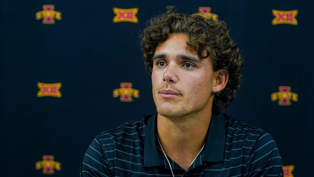 Jul 8, 2025; Frisco, TX, USA; Iowa State quarterback Rocco Becht answers questions from the media during 2025 Big 12 Football Media Days at The Star. Mandatory Credit: Raymond Carlin III-Imagn Images