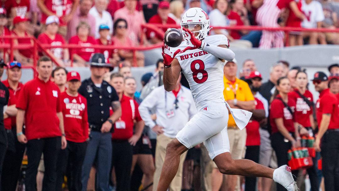 Oct 5, 2024; Lincoln, Nebraska, USA; Rutgers Scarlet Knights wide receiver KJ Duff (8) catches a pass against the Nebraska Cornhuskers during the fourth quarter at Memorial Stadium. Mandatory Credit: Dylan Widger-Imagn Images Oct 5, 2024; Lincoln, Nebraska, USA; Rutgers Scarlet Knights wide receiver KJ Duff (8) catches a pass against the Nebraska Cornhuskers during the fourth quarter at Memorial Stadium. Mandatory Credit: Dylan Widger-Imagn Images