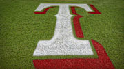 Oct 10, 2023; Arlington, Texas, USA; A view of the Texas Rangers logo on the field before the game between the Baltimore Orioles and the Rangers in game three of the ALDS for the 2023 MLB playoffs at Globe Life Field. Mandatory Credit: Jerome Miron-Imagn Images