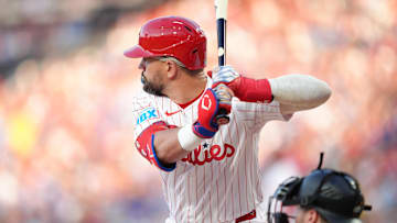 May 17, 2025; Philadelphia, Pennsylvania, USA; Philadelphia Phillies designated hitter Kyle Schwarber (12) bats against the Pittsburgh Pirates in the fourth inning at Citizens Bank Park. Mandatory Credit: Kyle Ross-Imagn Images