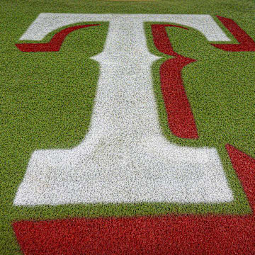 Oct 10, 2023; Arlington, Texas, USA; A view of the Texas Rangers logo on the field before the game between the Baltimore Orioles and the Rangers in game three of the ALDS for the 2023 MLB playoffs at Globe Life Field. Mandatory Credit: Jerome Miron-Imagn Images