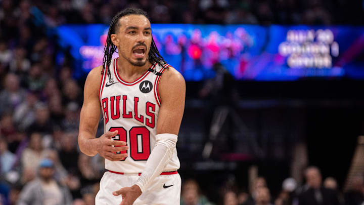 Mar 20, 2025; Sacramento, California, USA; Chicago Bulls guard Tre Jones (30) reacts to a call during the fourth quarter of the game against the Sacramento Kings at Golden 1 Center. Mandatory Credit: Ed Szczepanski-Imagn Images