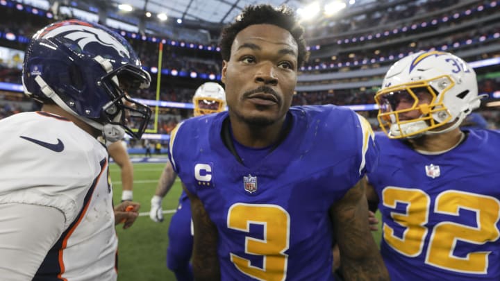 Dec 10, 2023; Inglewood, California, USA; Los Angeles Chargers safety Derwin James Jr. (3) after a game against the Denver Broncos at SoFi Stadium. Mandatory Credit: Yannick Peterhans-USA TODAY Sports