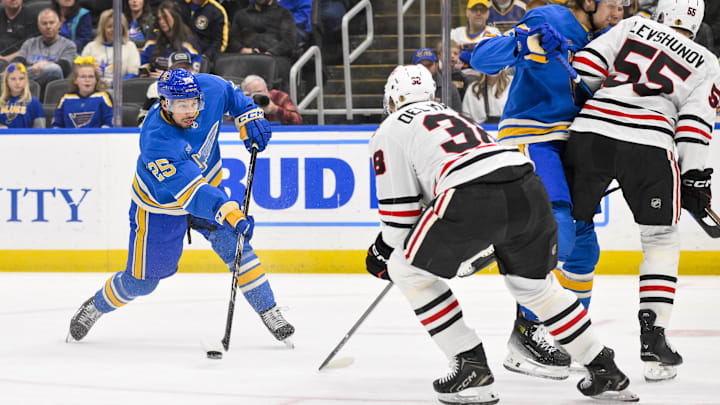 Mar 22, 2025; St. Louis, Missouri, USA;  St. Louis Blues center Jordan Kyrou (25) shoots against the Chicago Blackhawks during the second period at Enterprise Center. Mandatory Credit: Jeff Curry-Imagn Images