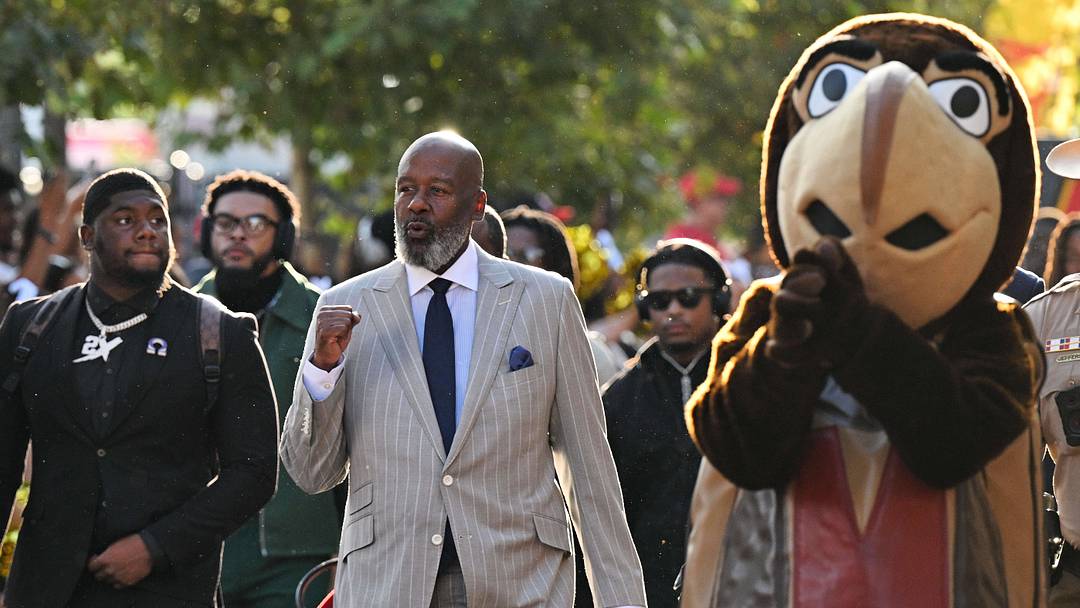 Sep 5, 2026; College Park, Maryland, USA; Maryland Terrapins head coach Mike Locksley leads his team on a walk to the stadium before a game against the Hampton Pirates at SECU Stadium. Photo by Jamie Sabau Sep 5, 2026; College Park, Maryland, USA; Maryland Terrapins head coach Mike Locksley leads his team on a walk to the stadium before a game against the Hampton Pirates at SECU Stadium. Photo by Jamie Sabau