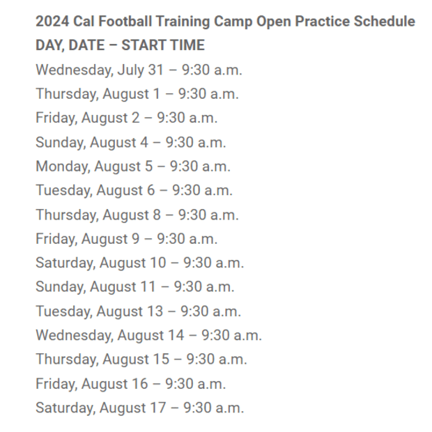 Cal 2024 training camp schedule