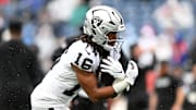 Sep 7, 2025; Foxborough, Massachusetts, USA; Las Vegas Raiders wide receiver Jakobi Meyers (16) practices before the game at Gillette Stadium. Mandatory Credit: Brian Fluharty-Imagn Images