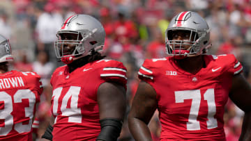 Sept. 9, 2023; Columbus, Oh., USA;  Ohio State Buckeyes offensive lineman Donovan Jackson (74) and Ohio State Buckeyes offensive lineman Josh Simmons (71) play during the first half of Saturday's NCAA Division I football game at Ohio Stadium.