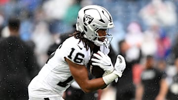 Sep 7, 2025; Foxborough, Massachusetts, USA; Las Vegas Raiders wide receiver Jakobi Meyers (16) practices before the game at Gillette Stadium. Mandatory Credit: Brian Fluharty-Imagn Images