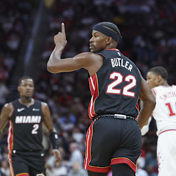 Apr 5, 2024; Houston, Texas, USA; Miami Heat forward Jimmy Butler (22) reacts after making a basket during the third quarter against the Houston Rockets at Toyota Center. Mandatory Credit: Troy Taormina-Imagn Images