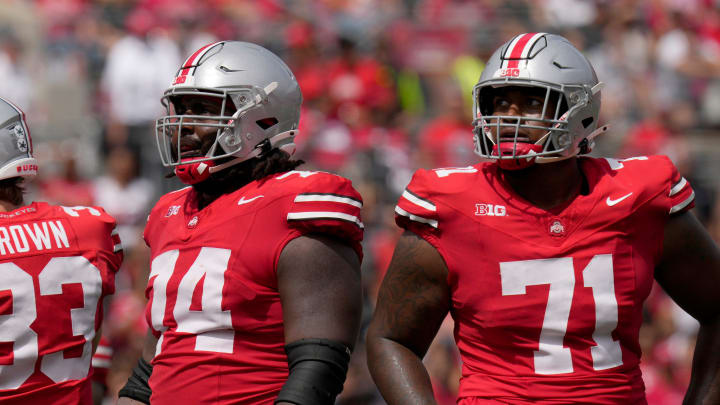 Sept. 9, 2023; Columbus, Oh., USA;  Ohio State Buckeyes offensive lineman Donovan Jackson (74) and Ohio State Buckeyes offensive lineman Josh Simmons (71) play during the first half of Saturday's NCAA Division I football game at Ohio Stadium.