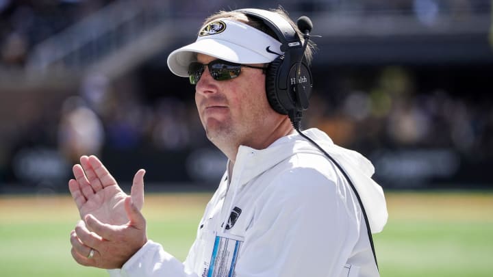 Oct 7, 2023; Columbia, Missouri, USA; Missouri Tigers head coach Eli Drinkwitz gestures against the LSU Tigers during the second half at Faurot Field at Memorial Stadium. Mandatory Credit: Denny Medley-USA TODAY Sports