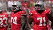 Sept. 9, 2023; Columbus, Oh., USA;  Ohio State Buckeyes offensive lineman Josh Simmons (71) and Ohio State Buckeyes offensive lineman Donovan Jackson (74) play during the first half of Saturday's NCAA Division I football game at Ohio Stadium.