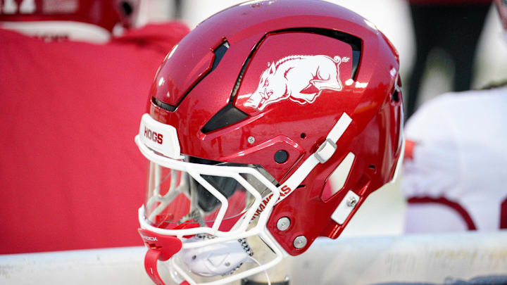 Nov 30, 2024; Columbia, Missouri, USA; A general view of a Arkansas Razorbacks helmet against the Missouri Tigers during the second half at Faurot Field at Memorial Stadium. Mandatory Credit: Denny Medley-Imagn Images