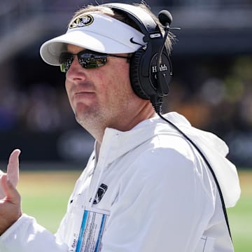 Oct 7, 2023; Columbia, Missouri, USA; Missouri Tigers head coach Eli Drinkwitz gestures against the LSU Tigers during the second half at Faurot Field at Memorial Stadium. Mandatory Credit: Denny Medley-Imagn Images