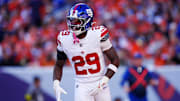 New York Giants running back Tyrone Tracy Jr. (29) reacts after a play during the second half against the Denver Broncos at Empower Field at Mile High. 