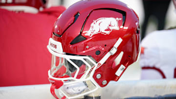 Nov 30, 2024; Columbia, Missouri, USA; A general view of a Arkansas Razorbacks helmet against the Missouri Tigers during the second half at Faurot Field at Memorial Stadium. Mandatory Credit: Denny Medley-Imagn Images
