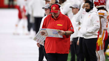 Feb 9, 2025; New Orleans, LA, USA; Kansas City Chiefs head coach Andy Reid looks on against the Philadelphia Eagles during the first half of Super Bowl LIX at Caesars Superdome. Mandatory Credit: Bill Streicher-Imagn Images