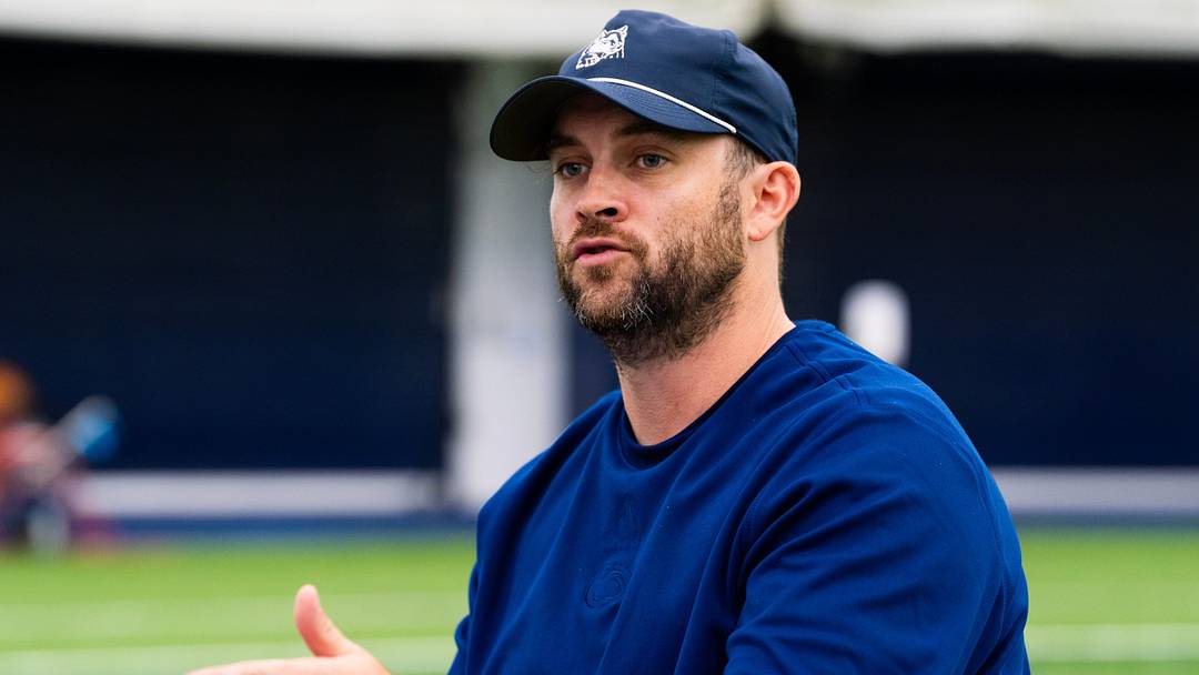 Penn State Nittany Lions offensive coordinator Taylor Mouser answers questions during football media day in Holuba Hall. 