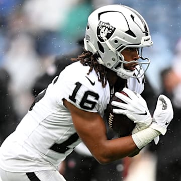 Sep 7, 2025; Foxborough, Massachusetts, USA; Las Vegas Raiders wide receiver Jakobi Meyers (16) practices before the game at Gillette Stadium. Mandatory Credit: Brian Fluharty-Imagn Images