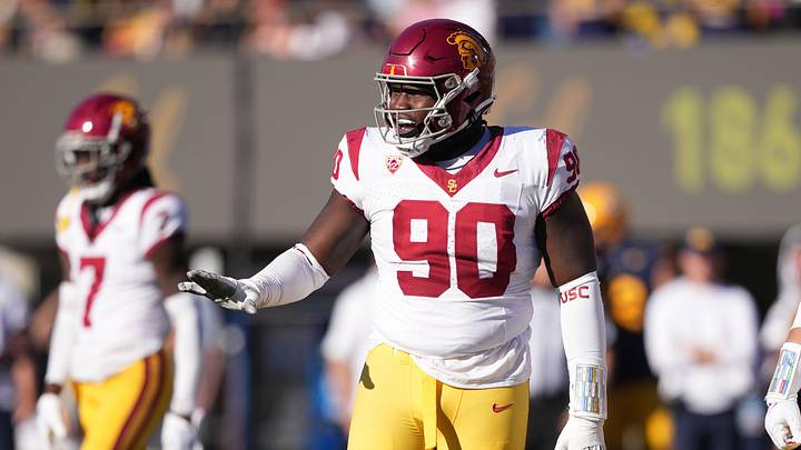 Oct 28, 2023; Berkeley, California, USA; USC Trojans defensive lineman Bear Alexander (90) gestures during the third quarter against the California Golden Bears at California Memorial Stadium.