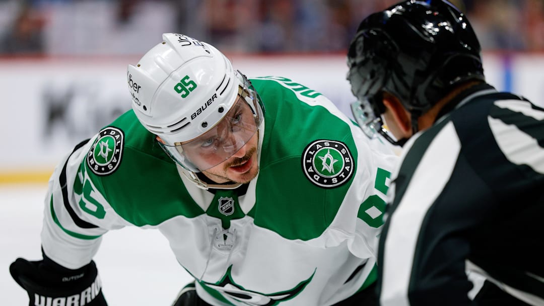 Mar 18, 2026; Denver, Colorado, USA; Dallas Stars center Matt Duchene (95) in the first period against the Colorado Avalanche at Ball Arena. Mandatory Credit: Isaiah J. Downing-Imagn Images
