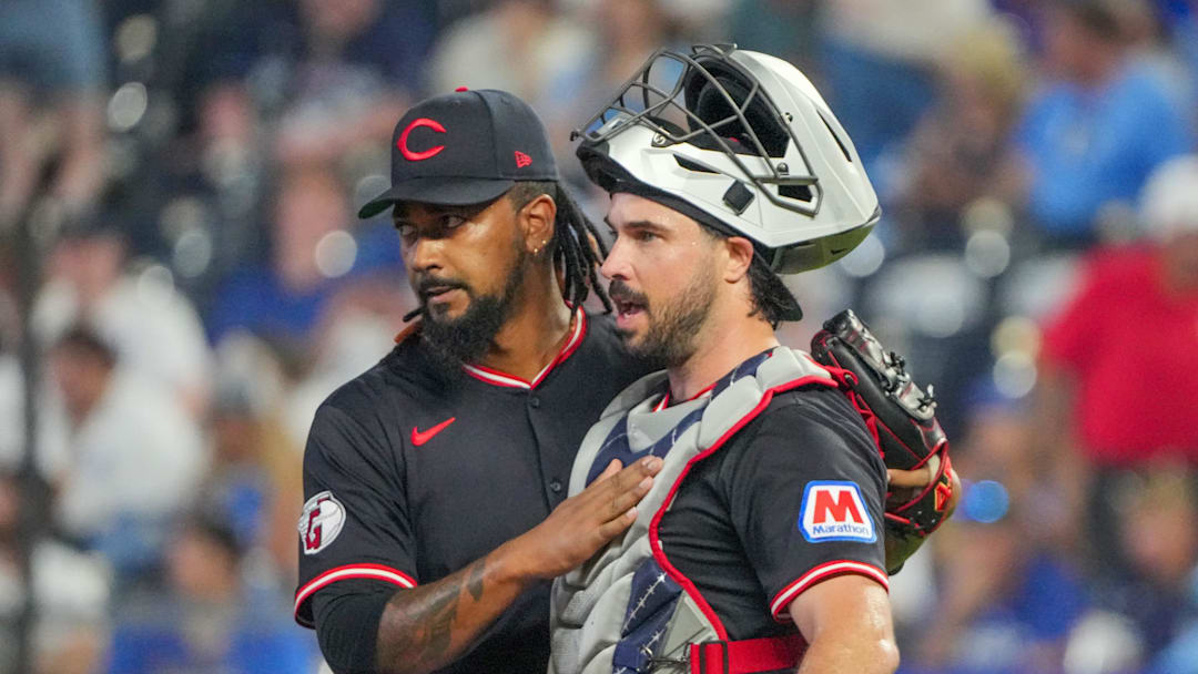 Jul 26, 2025; Kansas City, Missouri, USA; Cleveland Guardians relief pitcher Emmanuel Clase (48) celebrates with catcher Austin Hedges (27) after the win over the Kansas City Royals at Kauffman Stadium. Mandatory Credit: Denny Medley-Imagn Images Jul 26, 2025; Kansas City, Missouri, USA; Cleveland Guardians relief pitcher Emmanuel Clase (48) celebrates with catcher Austin Hedges (27) after the win over the Kansas City Royals at Kauffman Stadium. Mandatory Credit: Denny Medley-Imagn Images