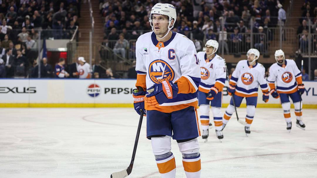 Oct 6, 2026; New York, New York, USA;  New York Islanders center Bo Horvat (14) skates back to his bench after scoring a goal in the second period against the New York Rangers at Madison Square Garden.  Mandatory Credit: Wendell Cruz-Imagn Images