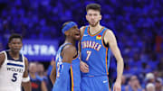May 22, 2025; Oklahoma City, Oklahoma, USA; Oklahoma City Thunder guard Shai Gilgeous-Alexander (2) and forward Chet Holmgren (7) celebrate after a play against the Minnesota Timberwolves in the third quarter during game two of the western conference finals for the 2025 NBA Playoffs at Paycom Center. Mandatory Credit: Alonzo Adams-Imagn Images