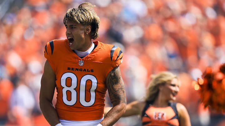 Sep 14, 2025; Cincinnati, Ohio, USA; Cincinnati Bengals wide receiver Andrei Iosivas (80) runs onto the field before the game against the Jacksonville Jaguars at Paycor Stadium. Mandatory Credit: Katie Stratman-Imagn Images