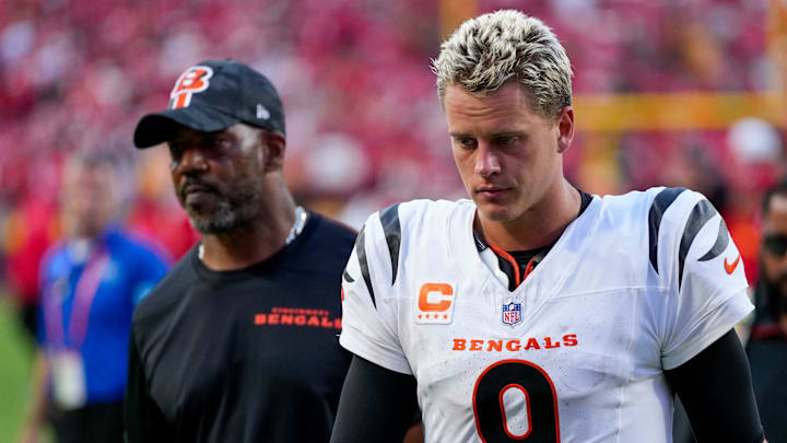 Cincinnati Bengals quarterback Joe Burrow (9) walks for the locker room after the fourth quarter of the NFL Week 2 game between the Kansas City Chiefs and the Cincinnati Bengals at Arrowhead Stadium in Kansas City on Sunday, Sept. 15, 2024. The Chiefs took a 26-25 win with a go-ahead field goal as time expired.