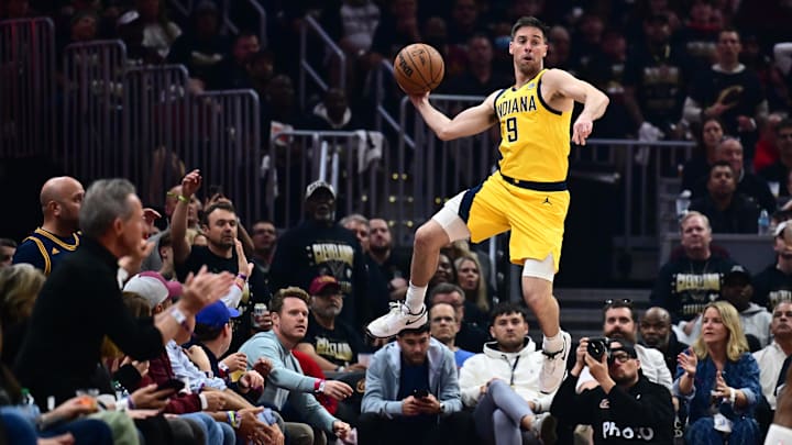 May 13, 2025; Cleveland, Ohio, USA; Indiana Pacers guard T.J. McConnell (9) saves the ball from going out of bounds during the first half against the Cleveland Cavaliers of game five of the second round for the 2025 NBA Playoffs at Rocket Arena. Mandatory Credit: Ken Blaze-Imagn Images May 13, 2025; Cleveland, Ohio, USA; Indiana Pacers guard T.J. McConnell (9) saves the ball from going out of bounds during the first half against the Cleveland Cavaliers of game five of the second round for the 2025 NBA Playoffs at Rocket Arena. Mandatory Credit: Ken Blaze-Imagn Images
