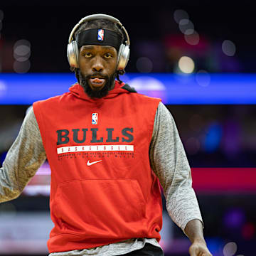 Chicago Bulls guard Patrick Beverley warms up before action against the Philadelphia 76ers at Wells Fargo Center. 