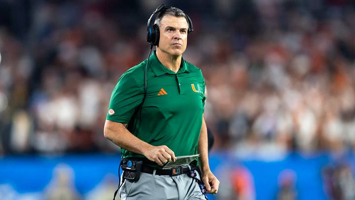 Jan 8, 2026; Glendale, AZ, USA; Miami Hurricanes head coach Mario Cristobal against the Mississippi Rebels during the 2026 Fiesta Bowl and semifinal game of the College Football Playoff at State Farm Stadium. Mandatory Credit: Mark J. Rebilas-Imagn Images