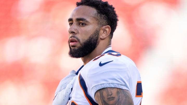 August 19, 2023; Santa Clara, California, USA; Denver Broncos safety Caden Sterns (30) warms up before the game against the San Francisco 49ers at Levi's Stadium. Mandatory Credit: Kyle Terada-USA TODAY Sports