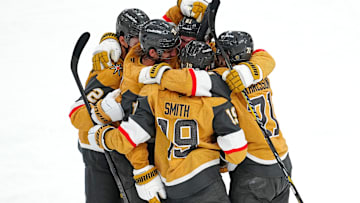 Apr 12, 2025; Las Vegas, Nevada, USA; Vegas Golden Knights defenseman Noah Hanifin (15) celebrates with team mates after scoring a goal against the Nashville Predators during the third period at T-Mobile Arena. Mandatory Credit: Stephen R. Sylvanie-Imagn Images