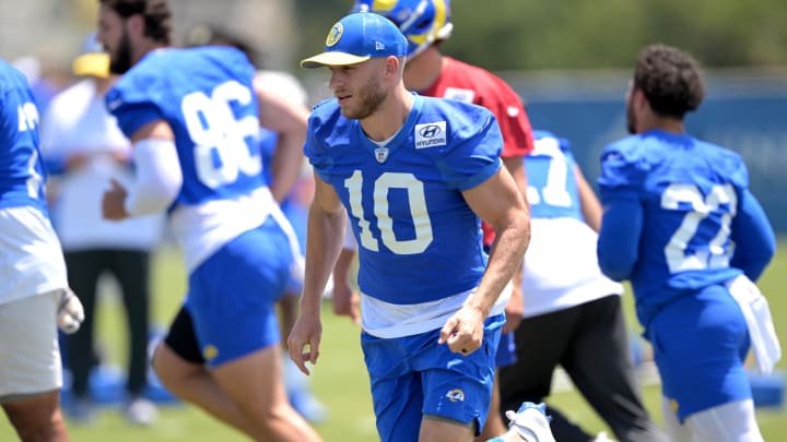 May 28, 2024; Thousand Oaks, CA, USA;  Los Angeles Rams wide receiver Cooper Kupp (10) participates in drills during OTAs at California Lutheran University. Mandatory Credit: Jayne Kamin-Oncea-USA TODAY Sports