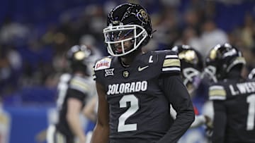 Colorado Buffaloes quarterback Shedeur Sanders warms up before the game against the Brigham Young Cougars at Alamodome. 