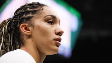 Aug 1, 2025; Seattle, Washington, USA; Seattle Storm guard Gabby Williams (5) looks on during warm ups before the game against Los Angeles Sparks at Climate Pledge Arena. 