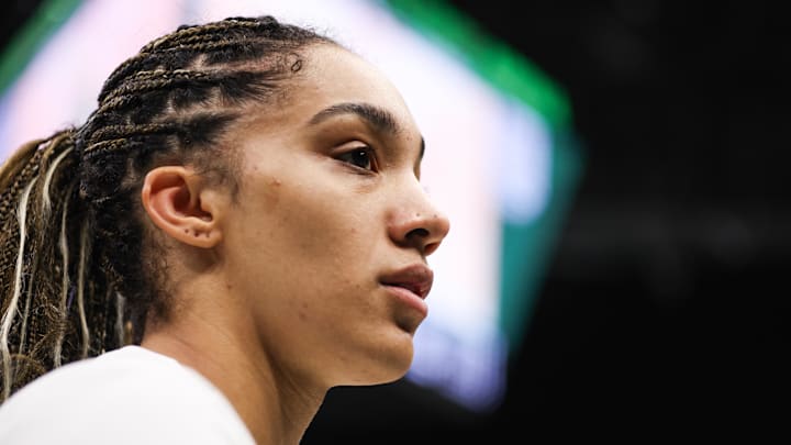 Aug 1, 2025; Seattle, Washington, USA; Seattle Storm guard Gabby Williams (5) looks on during warm ups before the game against Los Angeles Sparks at Climate Pledge Arena. 