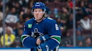 Mar 18, 2025; Vancouver, British Columbia, CAN; Vancouver Canucks forward Brock Boeser (6) during a stop in play against the Winnipeg Jets in the third period at Rogers Arena. Mandatory Credit: Bob Frid-Imagn Images