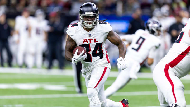 Jan 7, 2024; New Orleans, Louisiana, USA;  Atlanta Falcons running back Cordarrelle Patterson (84) run in the open field against the New Orleans Saints during the second half at Caesars Superdome. Mandatory Credit: Stephen Lew-USA TODAY Sports