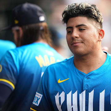 Jun 13, 2025; Philadelphia, Pennsylvania, USA; Philadelphia Phillies starting pitcher Ranger Suarez (55) looks on before the game against the Toronto Blue Jays at Citizens Bank Park